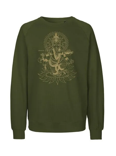 Peaces.bio - handbedruckte Biomode Peaces.bio - handbedruckte Biomode Bio Damen-Sweatshirt Loose Fit Ganesha, Waldgrün, – Produktbild 1 von 2