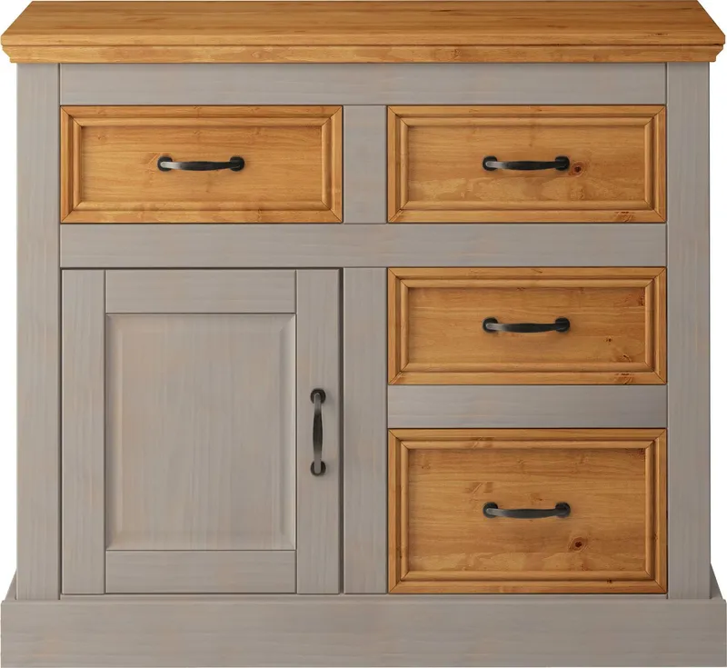 OTTO home Sideboard Selma Kommode mit 1 Tür, 3 Schubläden und 2 Fächer, Metallgriffe, aus massivem Kiefernholz, natürlichen Maserung, Breite/Höhe 100/87 cm, Grau, – Produktbild 4 von 5