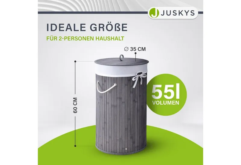 Juskys Wäschekorb Curly-Round 55 L in Grau aus Bambus mit Deckel & Wäschesack, Wäschesammler für 2 Personen, schmal mit Ø 35 x 60 cm & Kordelgriffen, Grau, – Produktbild 2 von 5