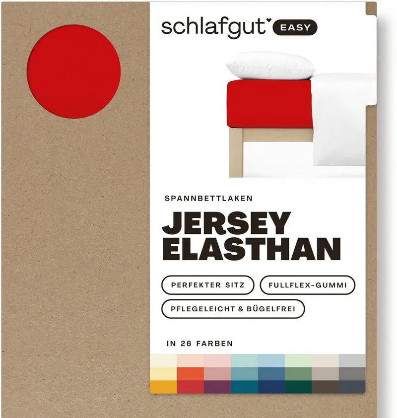 Schlafgut Schlafgut Spannbettlaken EASY JERSEY ELASTHAN Bettlaken, 170 g/m², 95% Baumwolle, 5% Elasthan, Jersey, Gummizug: rundum, (1 Stück), Spannbettlaken bis 30 cm Höhe, bügelfrei, pflegeleicht, perfekter Sitz, Rot, – Produktbild 3 von 5