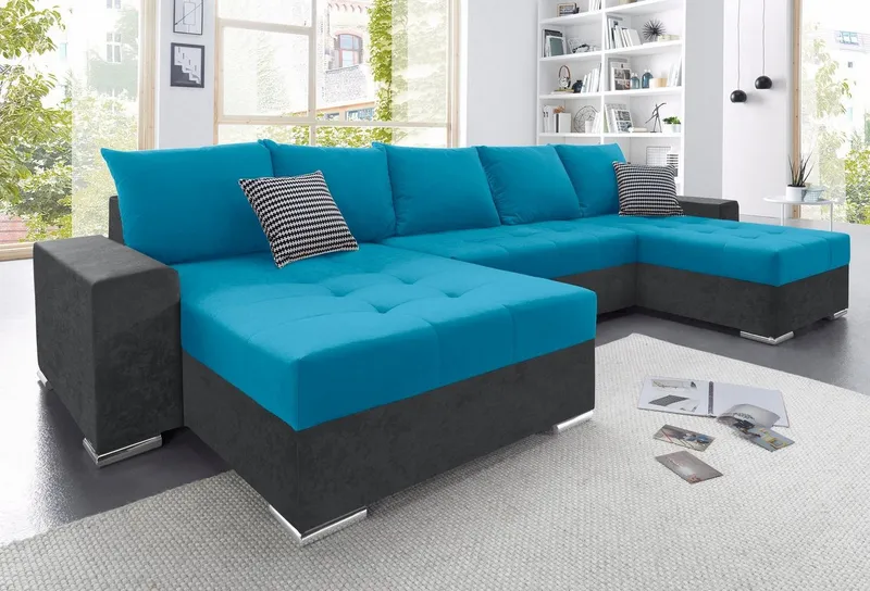 COLLECTION AB Wohnlandschaft Josy XXL U-Form, B: 333 cm, mit 2 Recamieren 77 & 97 cm, Schlaffunktion, Bettkasten & 2 Zierkissen, Federkern, Blau|grau, – Produktbild 2 von 5