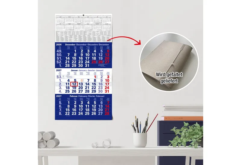 TOBJA Wandkalender 3 Monatskalender 2027 Blau mit Datumsschieber 30x56 FSC, Blau, Datumsschieber, Schulferien DE+AT, 4-sprachig, FSC-zertifiziert – Produktbild 5 von 5