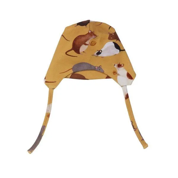 Walkiddy Mütze Bio-Baumwolle Gelb "Playful Mouses" Walkiddy, GOTS-zertifiziert, umweltfreundlich, elastisch, allergikerfreundlich, nachhaltig. – Produktbild 1 von 2