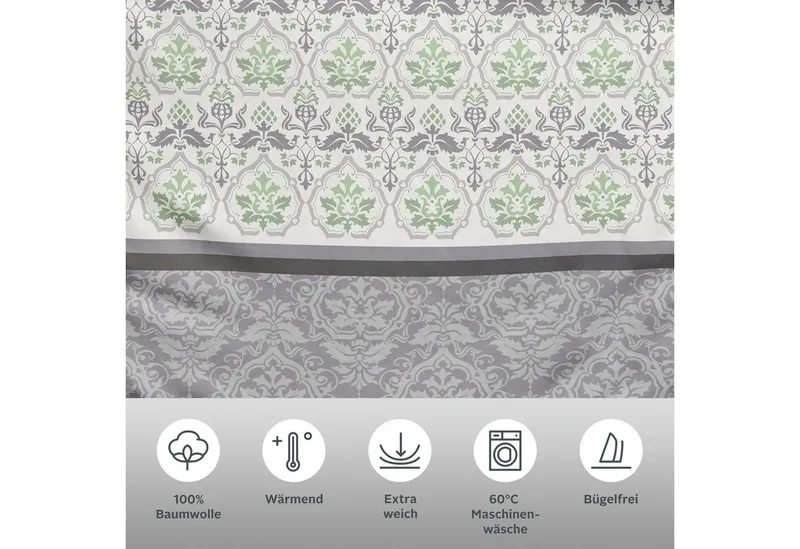 OTTO home Bettwäsche Cremona in Gr. 135x200, 155x220 cm u.a. Bettwäsche-Set mit Ornamenten, Biber, 2 teilig, romantische Bettwäsche in verschiedenen Qualitäten, ab Gr. 135x200 cm, Grün, – Produktbild 1 von 5