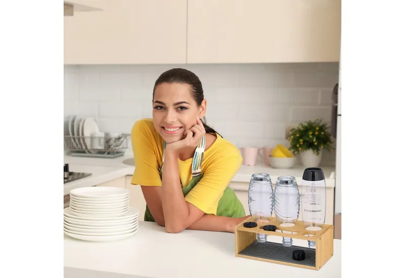 RELAXDAYS RELAXDAYS Geschirrständer 3er Flaschenhalter aus Bambus, Zubehör für Flaschen für Wassersprudler, Braun|grau, – Produktbild 3 von 5