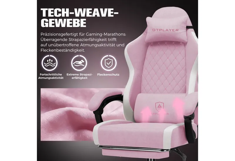GTPLAYER Gaming-Stuhl Ergonomischer Gaming Sessel Schreibtischstuhl aus Stoff/Kunstleder (Packung), Federsitzkissen mit Fußstütze, Rosa, – Produktbild 3 von 5
