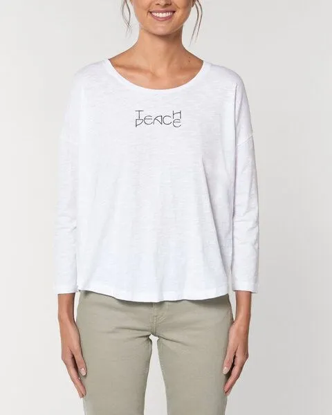 Human Family Human Family Damen Longsleeve aus Slub Garn - "Wave - Teach Peace", Weiss, – Produktbild 3 von 4