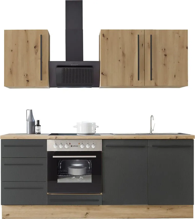 KOCHSTATION Küchenzeile KS-Florida mit 38mm starker Arbeitsplatte, Breite 210 cm, wahlweise mit E-Geräten, Soft-Close-Funktion, Schwarz, – Produktbild 2 von 7