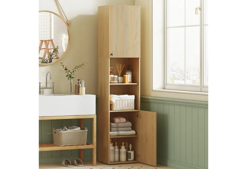 HOMCOM HOMCOM Badkommode Badezimmerschrank mit 2 Türen, 2 offenen Fächern Wohnzimmer (Badschrank, 1 St., Hochschrank), für Badezimmer, Beige, – Produktbild 1 von 4