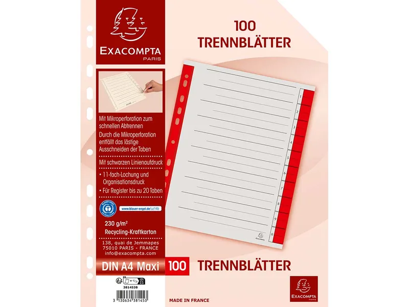 Exacompta 100 Exacompta Trennblätter, mikroperforiert, 230 g/m², DIN A4 Maxi, rot – Produktbild 1 von 1