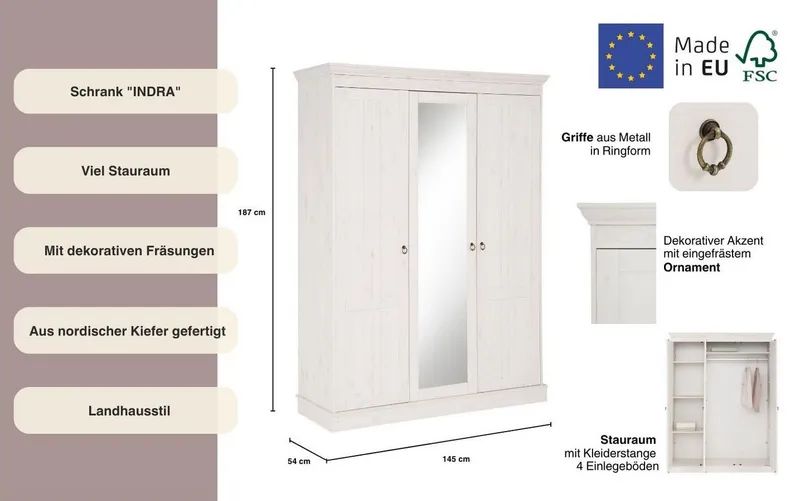 OTTO home Kleiderschrank Indra Massivholz Kiefer FSC zertifiziert Made in Europe (B/H/T ca: 145/187/54 cm) Landhausstil mit Spiegel und flexiblem Stauraumkonzept, Weiß, – Produktbild 1 von 5
