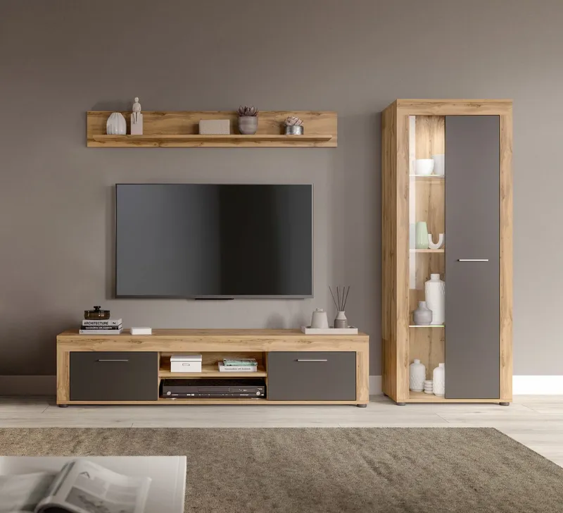 OTTO home Wohnwand AOSTA, Breite 235cm, 3-teilige Wohn-Kombination, (3-St., bestehend aus: Lowboard, Wandboard, Vitrine), Wohnwand, Kombination, Anbauwand, Möbel Set, Schrankwand, Möbel Kombi, Braun|grau, – Produktbild 1 von 4