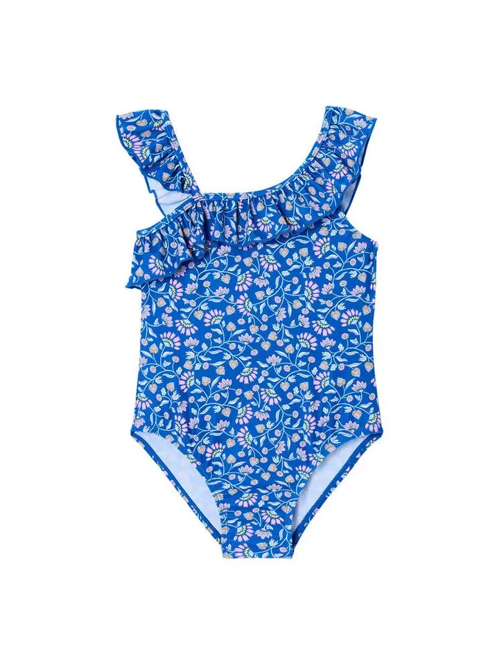 Vertbaudet Vertbaudet Badeanzug Badeanzug mit Volant und Blumenmuster Mädchen, Blau, – Produktbild 2 von 3