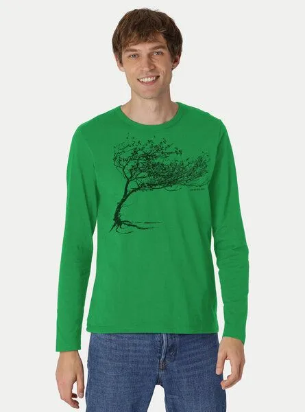 Peaces.bio - handbedruckte Biomode Peaces.bio - handbedruckte Biomode Bio-Herren-Langarmshirt "Windy Tree", Grün, – Produktbild 2 von 3