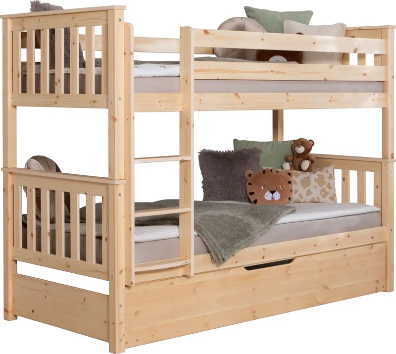 TICAA TICAA Etagenbett Sammy, umbaubar zu 2 Einzelbetten, edles Design im Landhausstil (90x200cm), inklusive Schubkasten, 2x Rollrost, zertifiziertes Massivholz Kiefer, Beige, – Produktbild 1 von 3