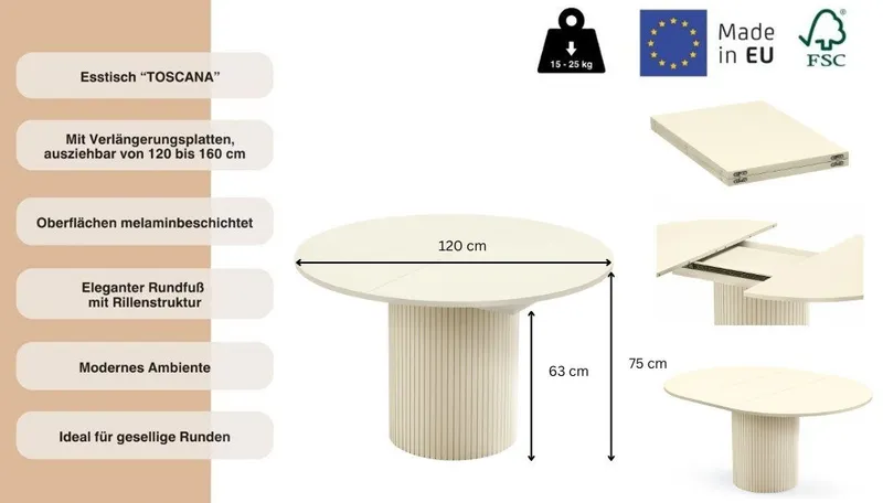 Woodman Esstisch Toscana, Speisetisch, Tisch (Made in Europe), Breite 120 cm, melaminbeschichtet, mit Verlängerungsplatten, FSC®, Braun, – Produktbild 3 von 5