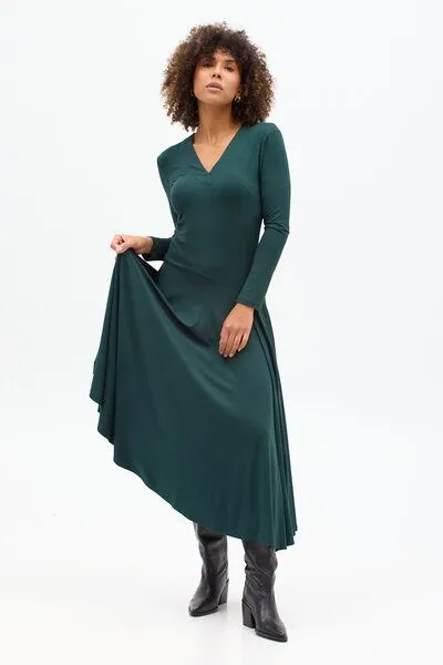 KOKOworld Kleid Lia – Maxikleid mit ausgestelltem Rock – Lange Ärmel – V-Ausschnitt – Versteckte Taschen – 100% in der EU fair produziert – KOKOworld, Forest (grün), – Produktbild 2 von 4