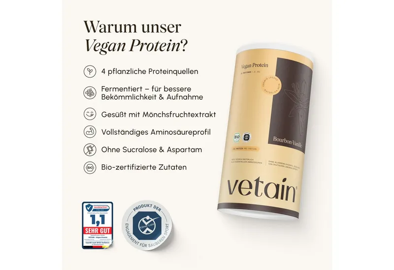 VETAIN Vegan Protein Pulver + Kreatin Monohydrat Pulver, 100% Bio, Vegan, Ohne künstliche Süßungsmittel, Fermentiert – Produktbild 5 von 6