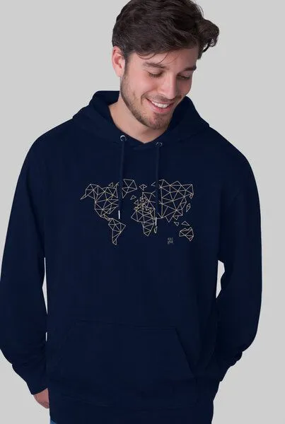 Kultgut Kultgut Biofair - Gemütlicher, flauschiger Hoodie /Worldmap, Navy, – Produktbild 3 von 5