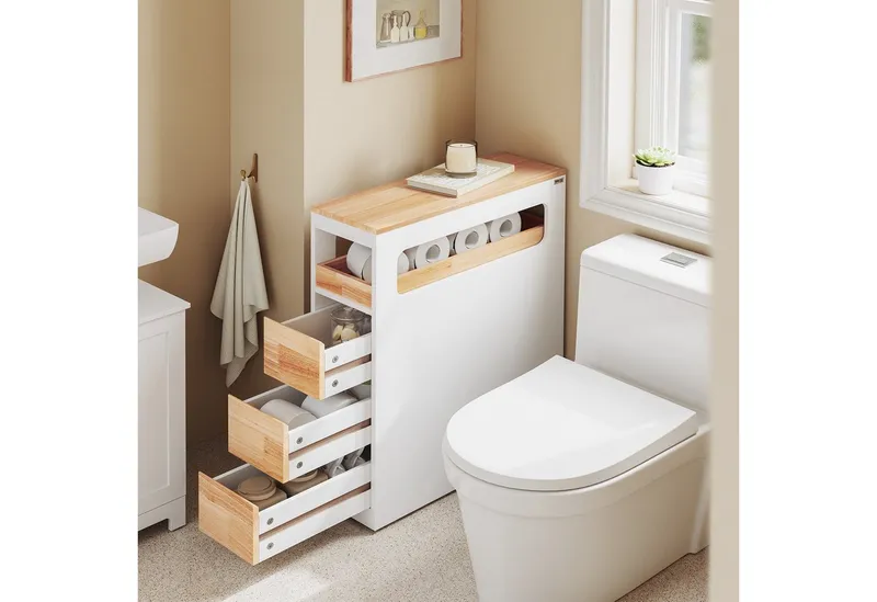 SoBuy Beistellwagen BZR54, Badezimmerschrank mit Rollen, Badschrank schmal, Kommode, Küchenwagen schmal Nischenwagen Badezimmerregal mit Rädern, ausziehbar, Weiß, – Produktbild 7 von 8