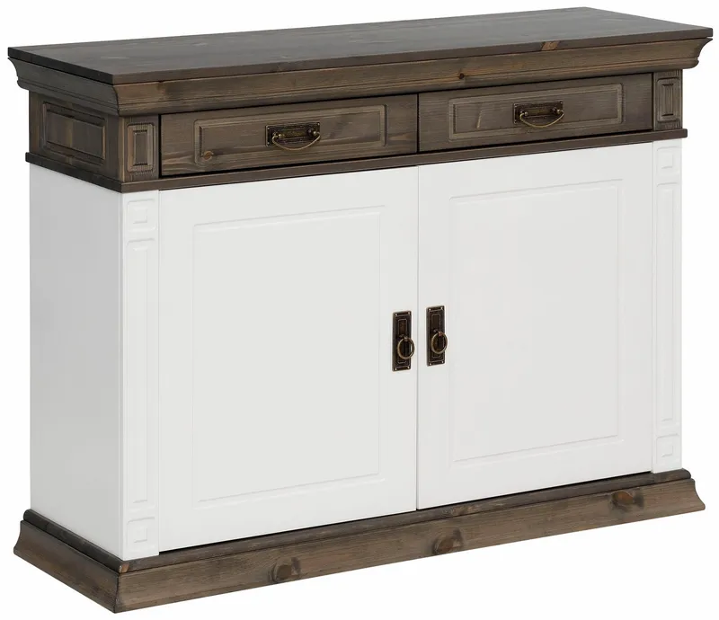 OTTO home Kommode Vinales, mit 2 Schubläden, 2 Türen und Messinggriffe im Jugendstil, Messinggriffe im Jugendstil, mit Zierleisten und elegantem Sockel, Weiß, – Produktbild 2 von 5