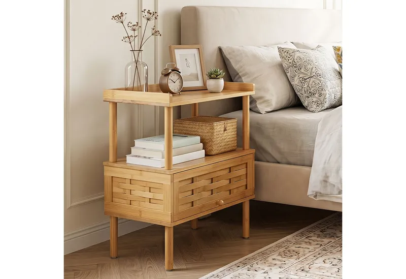 COSTWAY COSTWAY Nachttisch, Nachtkommode Bambus, Nachtschrank für Wohnzimmer, Beige, – Produktbild 2 von 4