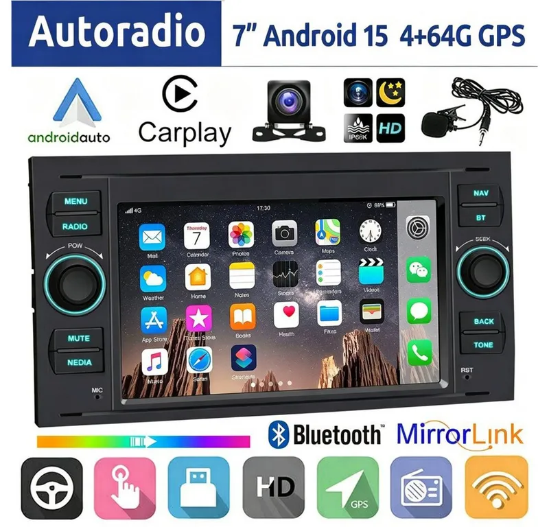 ESSGOO 7" Android 15 Für Ford Focus Transit MK7 C S-Max Fiesta Galaxy Kuga Autoradio (RDS, 2+64GB(optional), 4G, FM, DAB+ (optional), GPS Navi Carplay Android Auto Bluetooth EQ USB WIFI Touchscreen SWC), Schwarz, – Produktbild 5 von 6