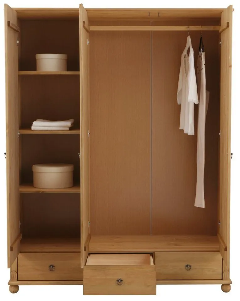 OTTO home Kleiderschrank Tessin, Dretürenschrank, 3-türig (B/H/T ca. 152/191/59 cm) Breite 152 cm, Kiefer massiv, mit Spiegel und 3 Schubladen, Beige, – Produktbild 5 von 5