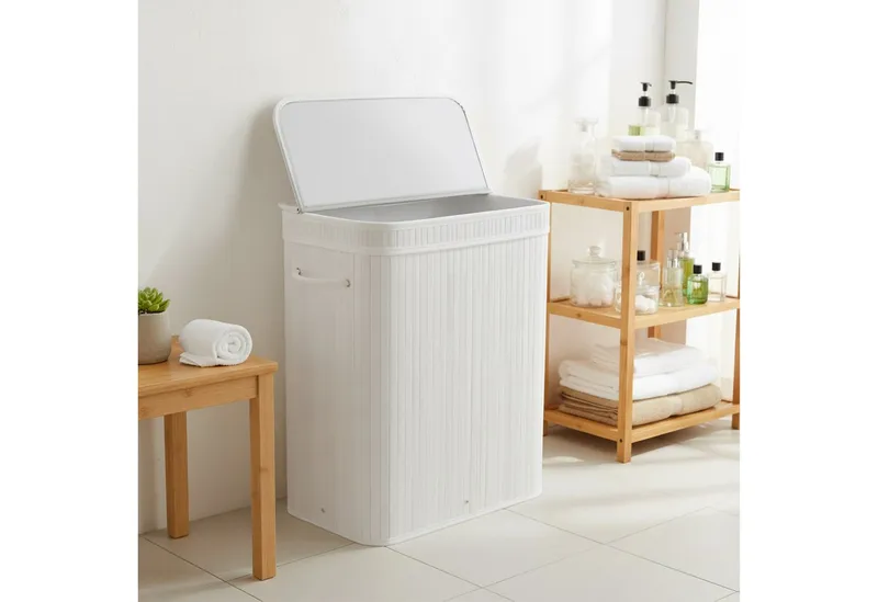 RELAXDAYS RELAXDAYS Wäschekorb Bambus Wäschekorb mit Deckel (1 St), weiß, 72 L, Weiß, – Produktbild 3 von 5