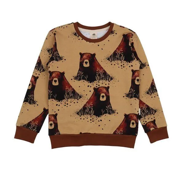Walkiddy Kinder Sweatshirt GOTS-zertifiziert aus Bio-Baumwolle, senfgelb mit Grizzly-Bären-Print – Walkiddy, weich & hautfreundlich, Mustard, – Produktbild 1 von 3