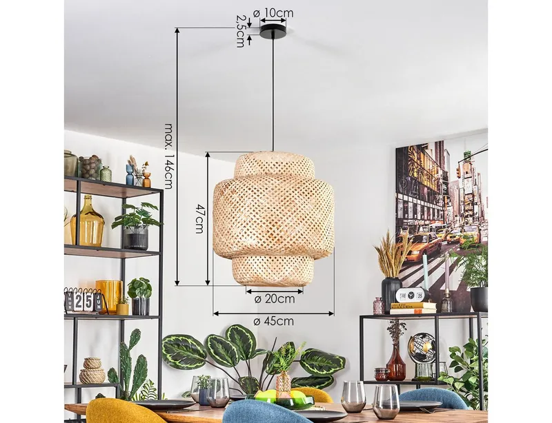hofstein Hängeleuchte Hängelampe aus Metall/Bambus in Schwarz/Natur im Boho-Design, Hängeleuchte mit Schirm in Gitter-Optik (45cm), Höhe max. 146cm, E27, Schwarz, – Produktbild 4 von 4