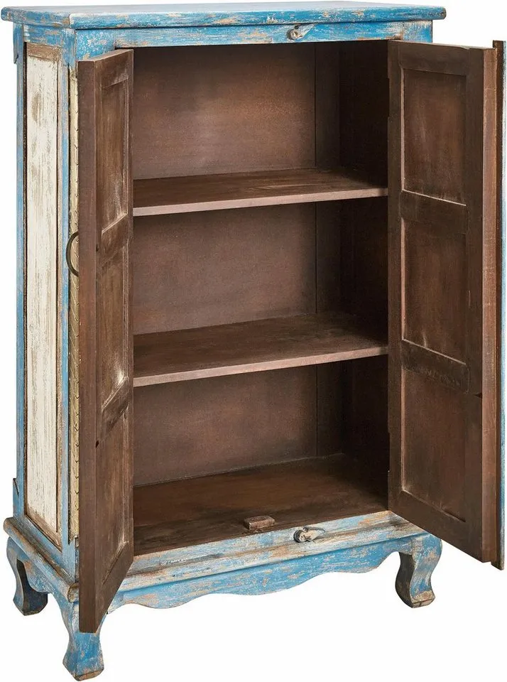 OTTO home Highboard Mahar Kommode mit 2 Türen, 3 Fächern und Metallgriffen, 120cm hoch, Stauraumschrank, Höhe 120 cm, mit aufwendiger Schnitzerei, Blau, – Produktbild 4 von 4
