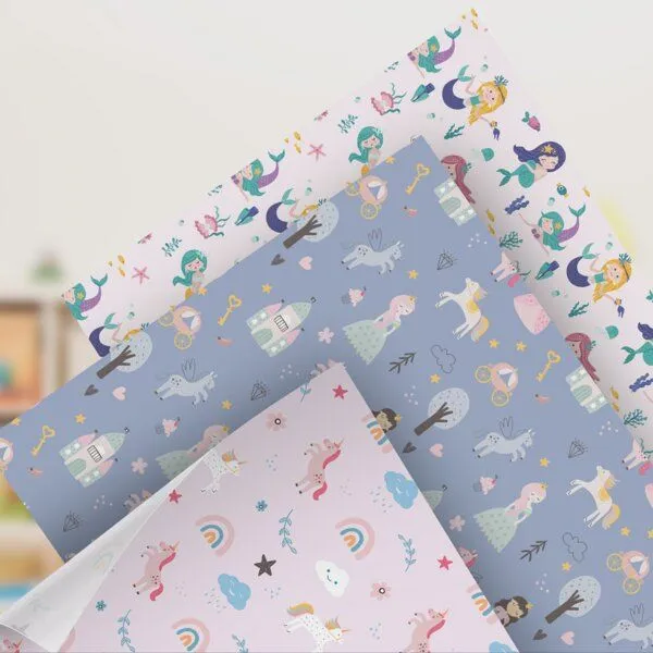 Fines Papeterie Fines Papeterie 3x 3m Geschenkpapier Set für Kinder Märchen Set 3 mit Prinzessin, Meerjungfrau, Einhorn 3 Rollen je 300x47 cm – Produktbild 2 von 4