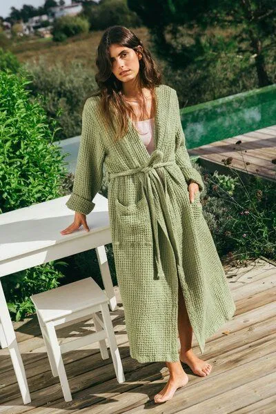 AmourLinen AmourLinen Waffel-Bademantel aus Leinen für Damen, Moss grün, – Produktbild 2 von 4