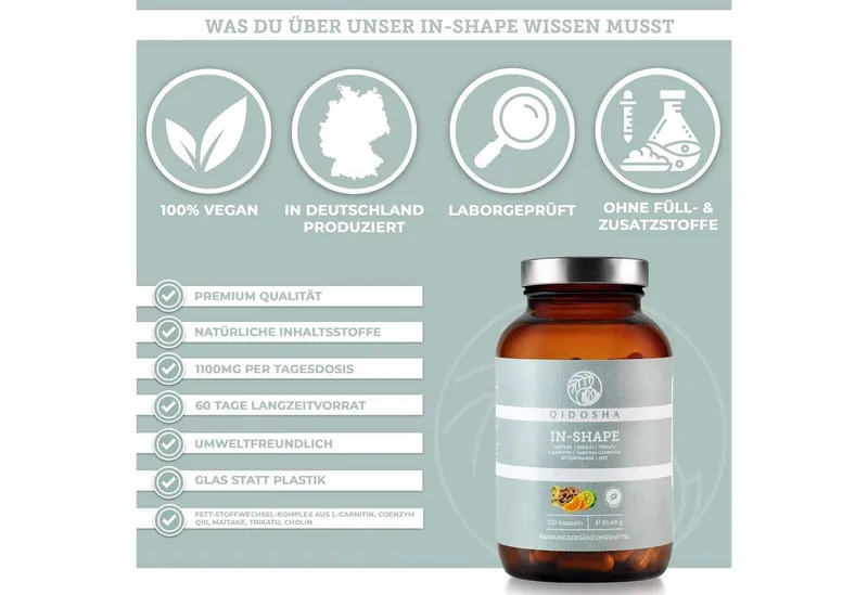 QIDOSHA IN-SHAPE Fettstoffwechsel- und Mitochondrien-Komplex Kapseln, 120 St., 81 g, Mit Cholin, L-Carnitin und Coenzym Q10 – Produktbild 5 von 5