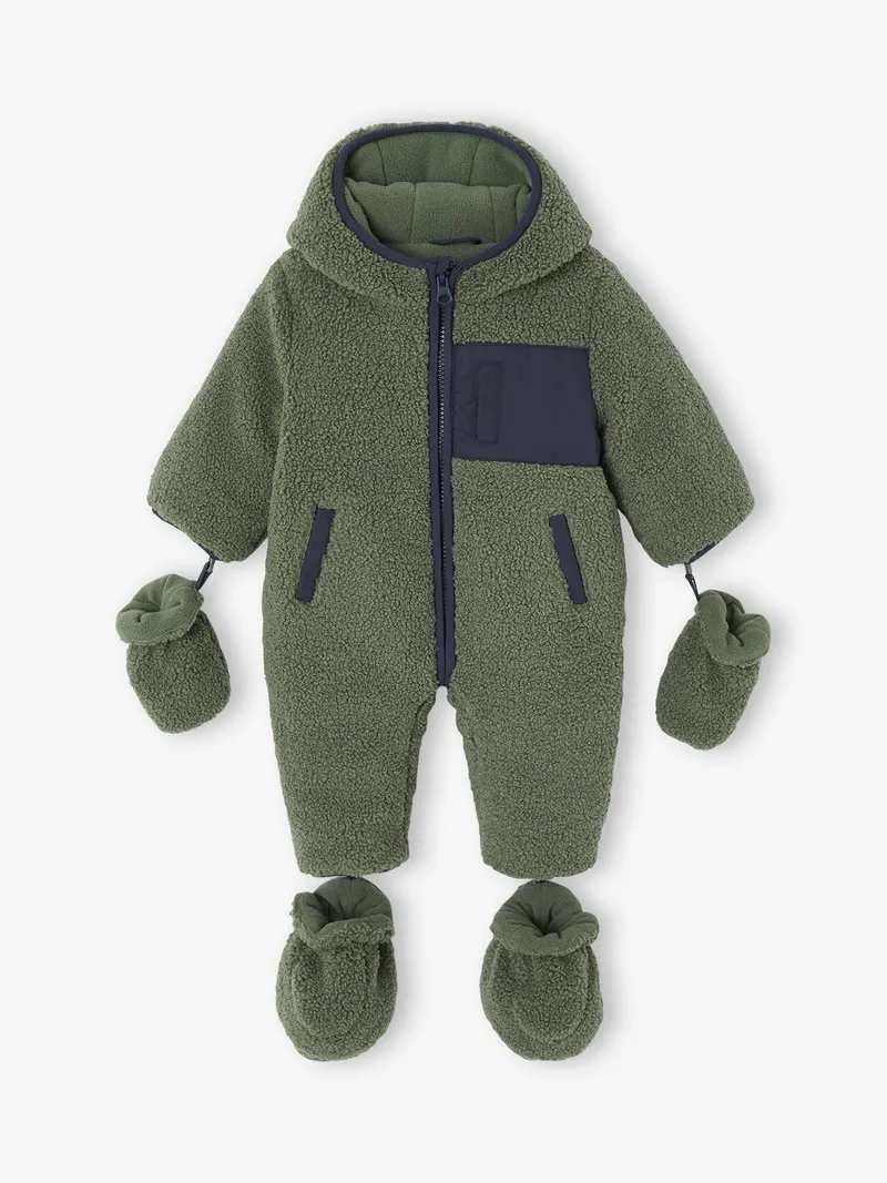 Vertbaudet Baby Winter-Overall mit Teddyfleece, Khaki, – Produktbild 1 von 3