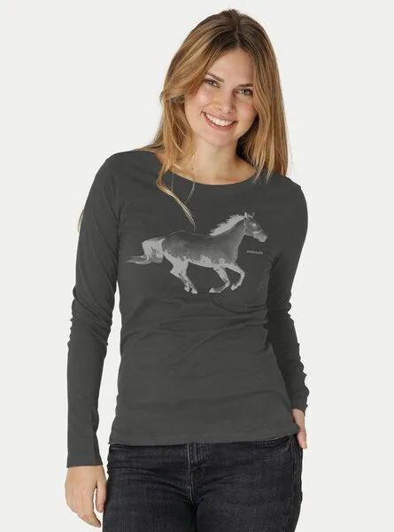 Peaces.bio - handbedruckte Biomode Peaces.bio - handbedruckte Biomode Bio-Damen-Langarmshirt Horsepower, Graphitgrau, – Produktbild 1 von 2