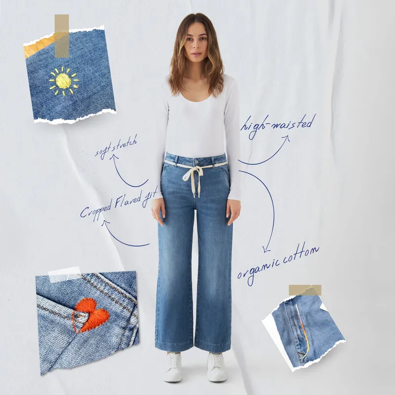 DAWN DEW Flared Cropped Soft Denim - French Pocket - Medium Blue - Art on Broken Pieces - Medium Blue / 29 / 28 – Produktbild 1 von 1