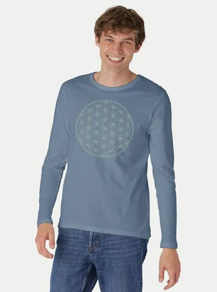 Peaces.bio - handbedruckte Biomode Peaces.bio - handbedruckte Biomode Bio-Herren-Langarmshirt "Die Blume des Lebens", Graublau, – Produktbild 2 von 2