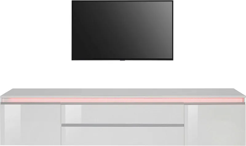Home affaire Lowboard Magic,Lowboard,TV-Kommode,TV-Möbel,TV-Bank, Hochglanzlackiert, Alugriff, 2 Türen, 2 Schubkästen,B/T/H 240×40×55 cm, Weiß, – Produktbild 2 von 5