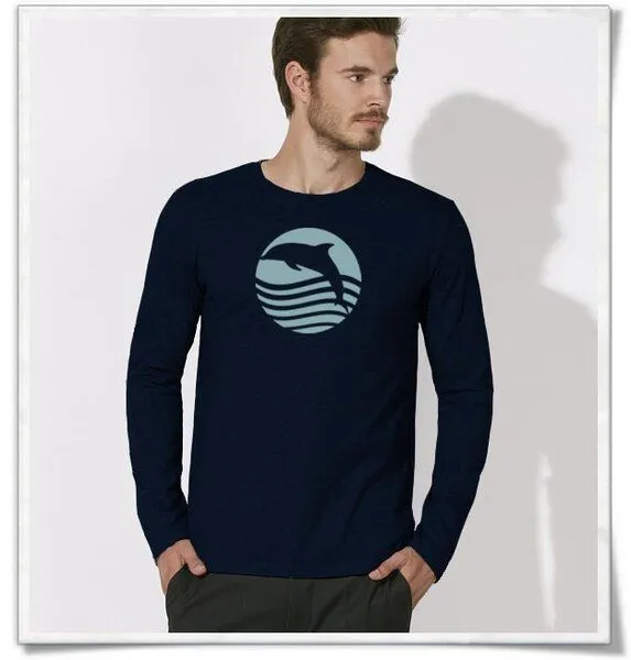 Picopoc Picopoc Sonnenuntergang mit Delfin Langarm T-Shirt für Männer, Blau, – Produktbild 1 von 4