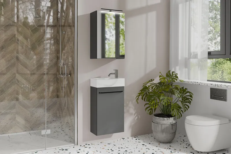 byLIVING Spiegelschrank Serie Spree, in vielen Breiten erhältlich Soft-Close, LED Beleuchtung mit Schalter- und Steckdosenbox, Grau, – Produktbild 1 von 5