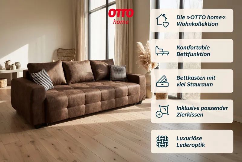 OTTO home Schlafsofa Bella B: 241 cm, Liegefl. 142x194 cm mit Bettkasten & Zierkissen, Schlafcouch mit Gästebett, 2 Zierkissen inklusive, frei stellbar, Braun, – Produktbild 3 von 6