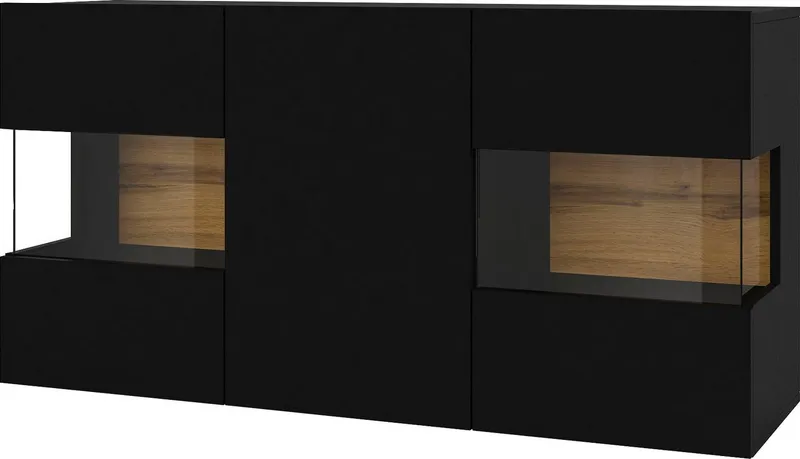 Home affaire Sideboard Ava, Breite 120 cm, hängend und stehend montierbar, moderne grifflose Kommode, Anrichte, 3Türen, Eckverglasung, Schwarz, – Produktbild 3 von 5