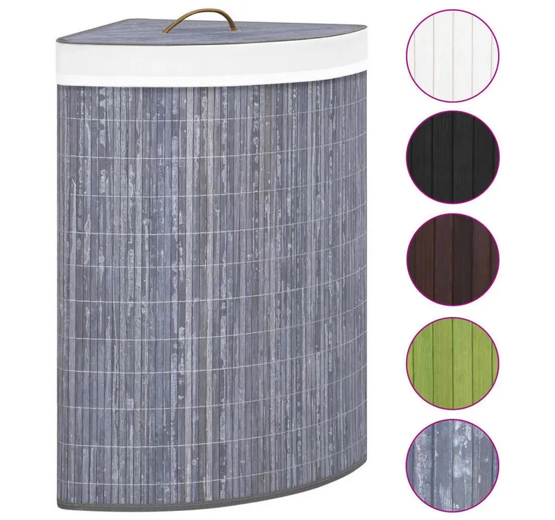 furnicato Wäschekorb Eck-Bambus 52,3x37x65 cm Grau mit herausnehmbarem (1 St), Klappbare Wäschetonne mit Deckelgriff und 60l Fassungsvermögen, Grau, – Produktbild 2 von 5