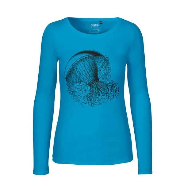 HANDGEDRUCKT HANDGEDRUCKT "Medusa" Frauen Longsleeve aus reiner Biobaumwolle (kbA), Saphire, – Produktbild 1 von 3