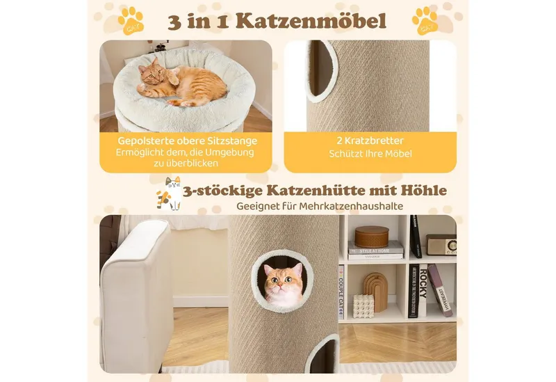 COSTWAY COSTWAY Kratzbaum Katzentonne mit 3 Höhlen, 4 Ebenen Katzentonne, 113 cm hoch, Braun, – Produktbild 4 von 5