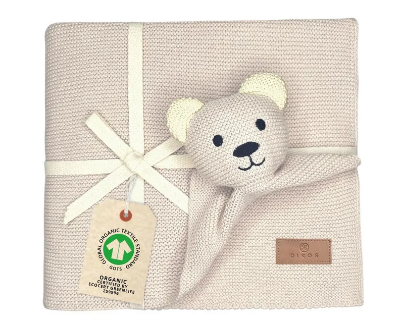 Babydecke DIKOS® Babydecke SCHMUSE-Bär Baby Geschenk Mädchen Junge Geschenkset, DIKOS, Geschenk zur Geburt, PREMIUM Qualität, 100 % BIO Baumwolle, Beige, – Produktbild 1 von 5