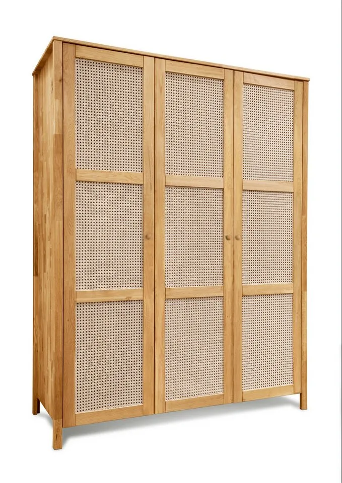 OTTO home Kleiderschrank Hällevik Eiche - aus FSC® Massivholz, Wiener Geflecht mit Soft-Close, 3 Türen– skandinavisches Design. Breite: 156 cm, Beige, – Produktbild 3 von 5