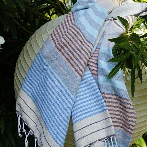Karawan authentic Karawan authentic Fouta Hamamtuch aus reiner Bio-Baumwolle 200 × 100 cm (Stil SUD), Waves blue, – Produktbild 4 von 5
